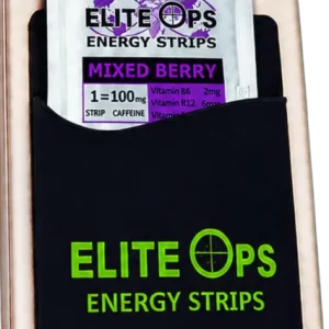 EliteOps phone wallet holding a Mixed Berry energy strip pack