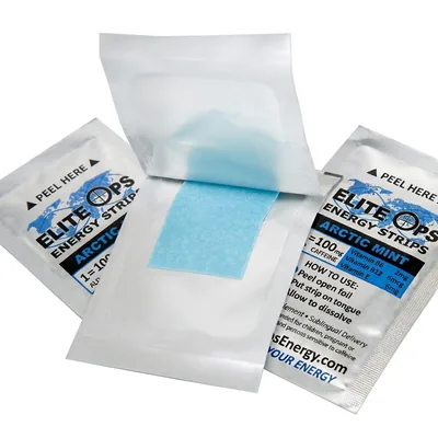 Open EliteOps energy strip with foil wrappers beside it